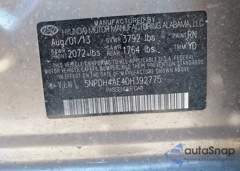 2013 Hyundai Elantra Gls z USA, uszkodzony, nr VIN 5NPDH4AE4DH392775